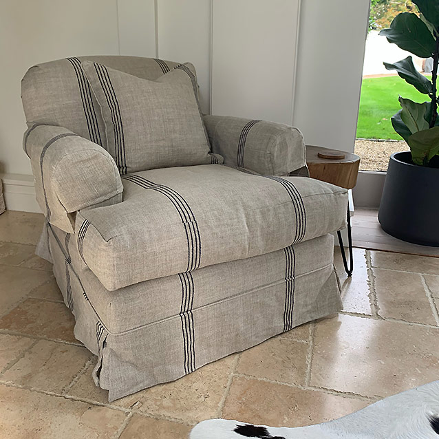 Hampton Loose cover Chair in Baldersby Linen Stripe Blue